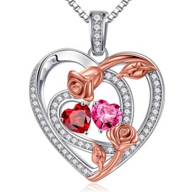 Iefil October Birthstone Necklace for Women - Anniversary Birthday Gifts for Women, Garnet Pink Tourmaline Jewelry, January Birthstone Rose 925 Sterling Silver Necklace for Her