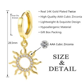 Qxsatuv Sun Earrings Gold Dangle Huggie Hoop Earrings with Sun Charm for Women 14k Real Gold Plated Hypoallergenic Statement Hinged Hoop Earrings with CZ Drop, Trendy Dainty Nap Earrings