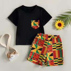 Mubineo Toddler Boy Girl Summer Dashiki Clothes African Print Outfits Kids Kente T Shirts Shorts Set (Black Yellow Red, 4 Years)