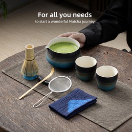 TEANAGOO Matcha Set Matcha Whisk Matcha Bowl with Pouring Spout Scoop Matcha Whisk Holder Tea Making Kit. Japanese Tea Set (7pcs) + 2Cups(5.4oz),S33,Gradient Navy Black,Color Box Packing