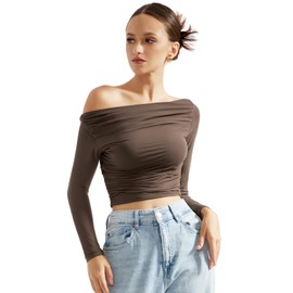 SUUKSESS Women Off Shoulder Long Sleeve Shirts Double Lined Fitted Crop Tops Y2K Tight T Shirts (Brown,S)