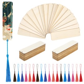 Blank Wooden Bookmarks, DIY Blank Craft Bookmarks, Unpainted Rectangular Wooden Hanging Tags with Multicoloured Tassel for Books, Christmas, Wedding, Birthday, Party Decoration, Pack of 36