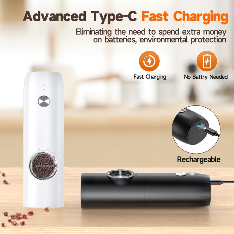 Electric Salt and Pepper Grinder Set (2 Pack), USB Rechargeable