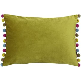 Riva Paoletti Fiesta Rectangular Cushion Cover - Bamboo Green - Multicoloured Pompom Edges - Faux Velvet - Reversible - Zip Closure - 100% Polyester - 35 x 50cm ( 14" x 20" inches)