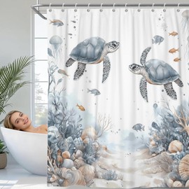 ChloropLastid Ocean Shower Curtain, Turtle Fish Coastal Beach Bathroom Decor 72 x 72 Inch Polyester Fabric Summer Beach Underwater World for Ocean Decor Bath Curtain with Hooks