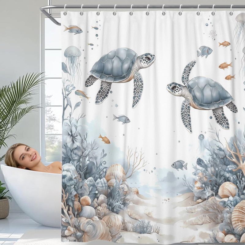 ChloropLastid Ocean Shower Curtain, Turtle Fish Coastal Beach Bathroom Decor