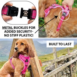 Elite Paws™ UK: Premium Metal Buckle Dog Harness, Strong, Safe, Padded, Comfortable, Adjustable, Reflective, Front/Back Lead Attachments, Soft Handle, Pet Walking Vest/Training Product (Pink, XL)