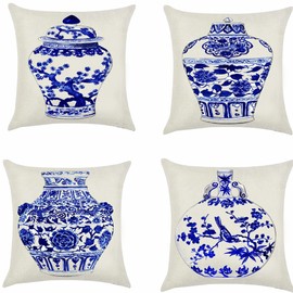 layhut Blue White Throw Pillow Covers 18X18 Decorative Vase Sofa Couch Cushion Covers Linen Chinese Art Porcelain Bottles Print Pillowscase for Home Holiday Spring Decoration, 4 Pack