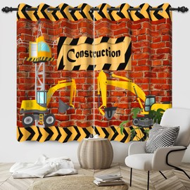 Umpoo Boys Room Window Curtains Under Construction Themed Excavator Brick Wall Blackout Curtain Grommet Top for Living Room Bedroom Decor Window Drapes 2 Panel Set, 52x63 Inch