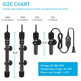 YukiHalu Small Submersible Aquarium Heater, Adjustable Mini Fish Tank Heater 25W 50W 100W 200W 300W with External Temperature Controller, LED Display, Used for 5/10/20/40/60 Gallons (100 Watts)
