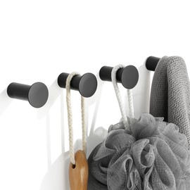 Mooche Round Coat Hooks Wall Mounted, Stainless Steel Heavy Duty Towel Hooks for Door, Bathroom, Kitchen, 4 Pack Individual Hooks for Hanging Clothes, Robes, Bags, Matte Black Finished, with Drilling