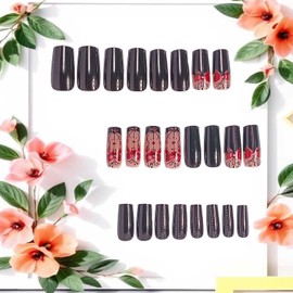 CJDLTS Red Bow Press on Nails Long Length Ballet Shaped Black French Acrylic Press Ons Fake Nail Full Cover Glossy Gradient Artificial Fingernails DIY Reusable Press Ons Glue on Nails for Women 24Pcs