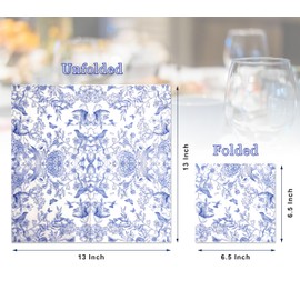 60 Pack Blue Floral Paper Napkins, Decorative Disposable Napkins for Wedding, Tea Party, Cocktail, Dinner, and Special Events - 6.7" Fancy Napkin