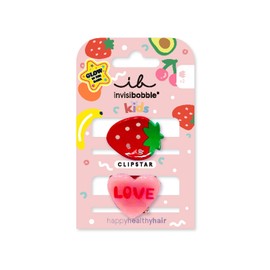 invisibobble Clipstar Glow Kids Fruti Strawberry - Pack of 2 Luminous Kids Hair Clips - Shiny Non-Slip Hair Clips for Healthy Hair - Strawberry and Heart Design with "Love" Lettering