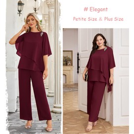 Hanna Nikole Plus Size Chiffon Pants Set 2 Piece Pant Outfits Formal Chiffon Ruffle Layers Wine Red 18 Plus