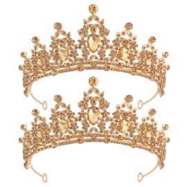 2 PCS Crown Tiara with Glitter Crystal Rhinestones Luxury Wedding Crowns Non-slip Crown Tiara Champagne Durable Hair Accessories for Women Girls Bridal Wedding Prom Birthday Party