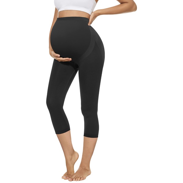 Maternity Capri Leggings Over The Belly Butt Lift -Soft Non-See-Through Workout Pregnancy Pants for Women Black