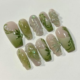 Coffin Press on Nails Medium Square Fake Nails Green French Glue on Nails 3D Texture Design Flower Press on Nails Acrylic Nails 24Pcs Handmade Ballerina False Nails Coquette Stick on Nails for Women