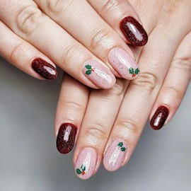 Christmas Press on Nails Short Oval French Tip Fake Nails Pink & Red False Nails with Designs Cute Glitter Glossy Full Cover Winter Glue on Nails Xmas Acrylic Nails for Women Girls 24 Pcs