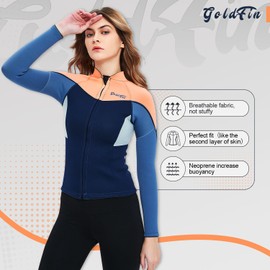 GoldFin Wetsuit Top Women, 2mm Wetsuits Jacket Long Sleeve Neoprene Tops for Water Aerobics Diving Surfing Swimming