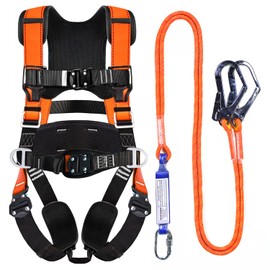 WHITEDEW Fall Protection Premium Safety Harness with Shock Absorbing Lanyard, Vented & Padded Shoulder, Legs & Back - Upgrade 4 Quick Buckles (Orange)