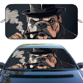Bulldog Car Windshield Sun Shade Cartoon Top Hat Bulldog Cigar Heatshield Front Window Car Sun ​Shade Windshield Blocks UV Rays Sun Visor Protector for Car Sedan Truck SUV Accessories 59" L x 31.5" W