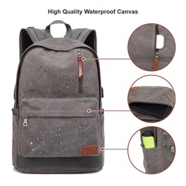 Canvas Laptop Backpack, Waterproof School Backpack With USB Charging Port For Men Women, Lightweight Anti-theft Travel Daypack College Student Rucksack Fits up to 15.6 inch Computer(Gray)