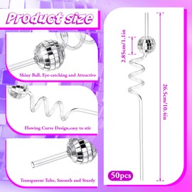 50 Pcs 70s Mini Disco Ball Straws, Reusable Retro Glitter Mirror Silver Disco Ball Party Decorations Straws, Mini Balls Decor Reusable Straw, for 1970s Retro Bar Wedding Birthday Bachelorette Party