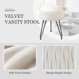 MOOWIND Velvet Vanity Stool Footrests, Round Ottoman Vanity Chairs with Anti-Slip Feet, Dressing Table Seat Foot Stool with Black Legs, Furry Padded Seat Side Table for Makeup Bedroom, White
