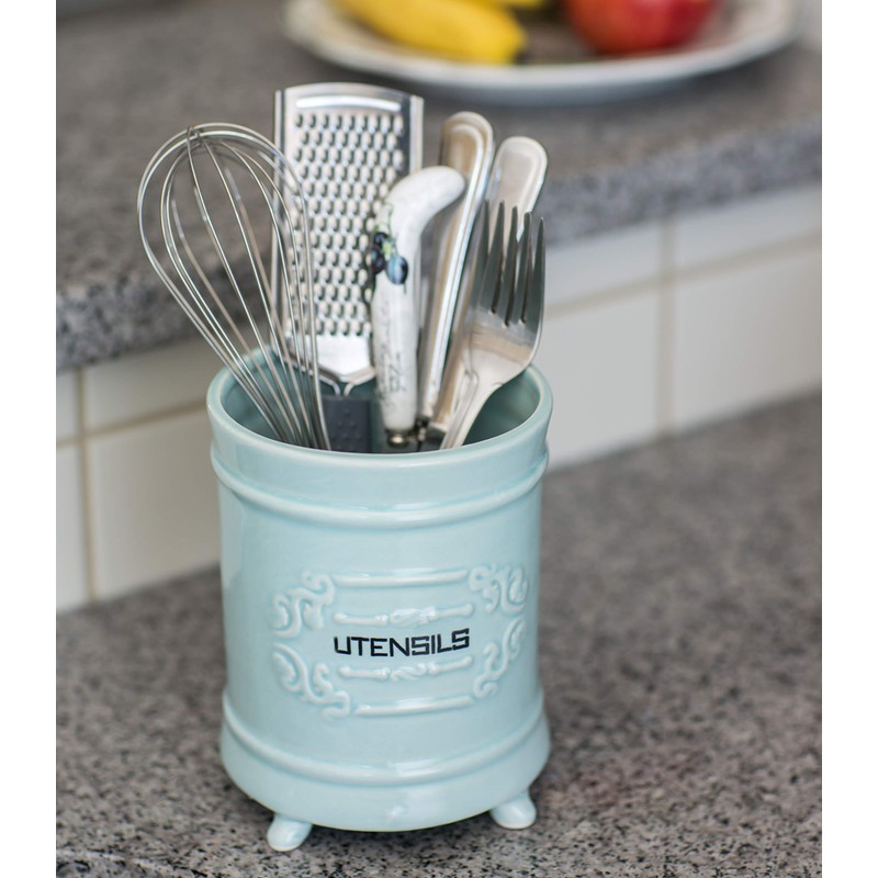 French Blue Ceramic Utensil Holder - Vintage Style Kitchen Utensil