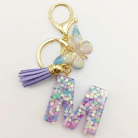 MBZRQKZS Purple Letter A-Z Keychain for Women Tassel Butterfly Key Ring for Purse Handbag Car Keys,M