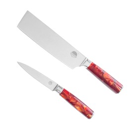 Professional 2-Piece Kitchen Knife Set, Nakiri and Paring Knives, Stainless Steel with Red Marbled Handle (Red)