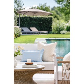 Hofdeco Premium Coastal Hampton Patio Indoor Outdoor Throw Pillow Cover Only, 20"x20" Water Repellent for Backyard, Couch, Poolside, Neutral Tan Blue Print Stripes