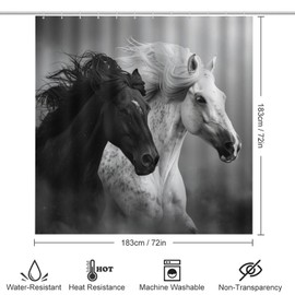 HDESDIS 4Pcs Black White Horse Shower Curtain Set with Rugs, Toilet Lid Cover and Bath Mat, Farmhouse Animal Wildlife Bathroom Curtains Decor Shower Curtains, 72" x 72"