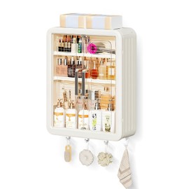 DASITON Wall Mounted Large Capacity Makeup Organizer,Dustproof Cosmetic Organizer,Bathroom Organizers and Storage,Skincare Organizers for Vanity,Bedroom(Cream 01)