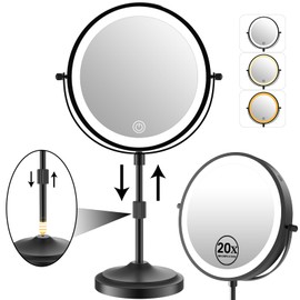 Erlingeryi 9" Magnifying Mirror with Lights 20X, Height Adjustable Lighted Makeup Mirror with Magnification, 5000mAh Rechargeable Battery, Dimmable, 3 Lighting Colors, Black