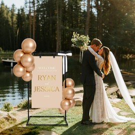 Wedding Welcome Sign Stand, 57”x31”x16” Heavy Duty Easel Stand for Sign with Balloons & Satin Ribbon & Leather Strap, Welcome to Our Wedding Sign Stand Holder for Seating Chart, Posters, and Decor (Black, 57x31x16inch)