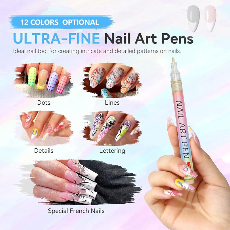 Hinourisha 12 Penne Per Nail Art Punta, 0.7mm fine tip