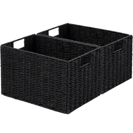 Vagusicc Wicker Storage Basket, Set of 2 Hand-Woven Paper Rope Wicker Basket, Small Storage Baskets for Organizing Toilet Paper Basket, Foldable Large Cube Storage Organizer Bins for Shelves (Black)