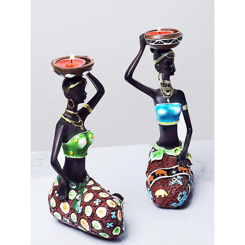 2PCS Vintage African Women Statue Candle Holders Resin Figurines Fits