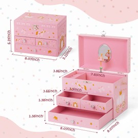 efubaby Musical Jewelry Box for Girls 8.07 x 5.12 x 6.14 with 3 Pullout Drawers Spinning Ballerina & Unicorn Jewelry Set, Music Boxes for Birthday Valentine Christmas Gift Waltz of Flowers Tune