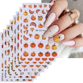 8 Sheets Thanksgiving Nail Stickers Yellow Pumpkin Maple Leaf Nail Art Stickers Autumn 3D Self-Adhesive Nail Decals Holiday Nail Art Supplies Fall Sticker for Women Girls DIY Nail Art Decorations
