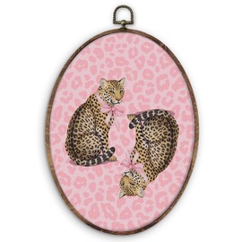 DILSJ Pink Trendy Leopard Cheetah Oval Wall Art Decor, Preppy Bow Cheetah Canvas Wall Art Framed, Pink Leopard Print Hanging Decorations for College Girls Room Dorm Bedroom Apartment, 11x8.5 Inch