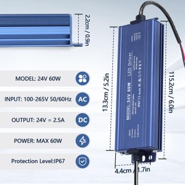 SUCIKORIO 24V 60W LED Transformer Waterproof IP67 LED Power Supply Ultra Slim 110V AC to 24V DC 2.5A 60 Watt Quiet Low Volt Converter LEDs Driver Constant Voltage for LEDs Strip, Indoor & Outdoor