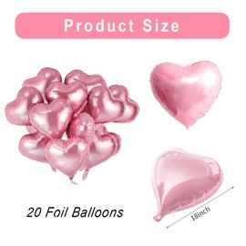 wrovitik 20 pcs 18inch Pink Heart Balloons, Heart shaped Balloons Foil Love Balloons for Birthday Valentines'Day Wedding Decoration Party Balloons