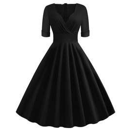 Women 1950s Retro Vintage V Neck Cocktail Swing Dress 50s Roll Short Sleeves Audrey Hepburn Rockabilly Prom Evening Dress Pleated Wedding Formal Tea Party Elegant Midi Evening Dress Black-V Neck XXL