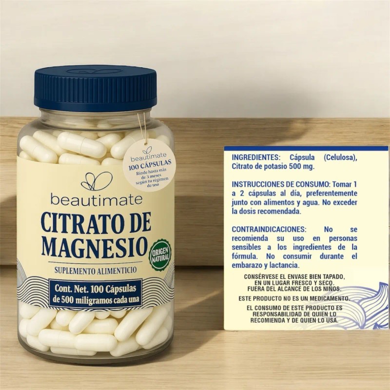 Citrato De Magnesio 500mg 100 Cápsulas, Alta Absorción Premium Vegano