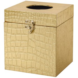 JUMBO HUMBLE Modern Elegant Gold Tissue Box Cover Square, Gold Crocodile Leather Tissue Box Holder for Napkin Facial Paper, Wood Tissue Box Cover for Bathroom Bedroom Vanity Countertop
