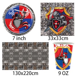 Shamoparty Medieval Party Tableware 61 Pieces with Plates, Cups, Napkins and Tablecloths for Parties up to 20 People