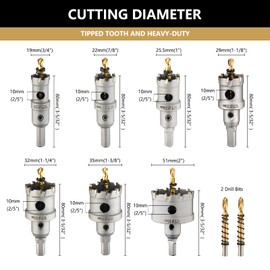 dashap 9PCS Carbide Hole Saw Kit, TCT Hole Saw Set for Metal with 2 Extra Drill Bits, Tipped Tooth Cutting Hole Saw Within 3/4'' to 2'' Cutting Diameter